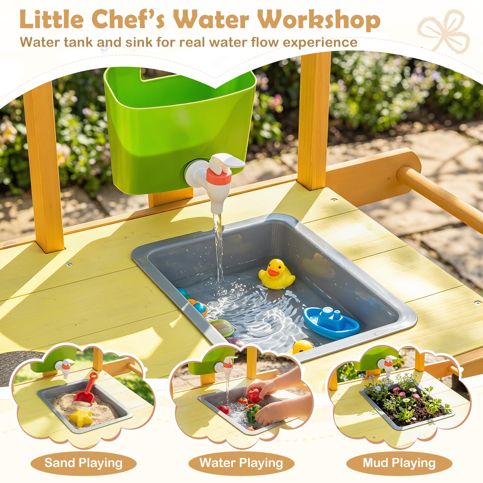 COSTWAY Matschküche Kinder Outdoor, Spielküche mit Wassertank & Wasserhahn | Kinderküche mit Rädern, Spüle, 3 Blumentöpfen, Herd & Kochzubehör, Gartenspielküche für Kinder ab 3 Jahren