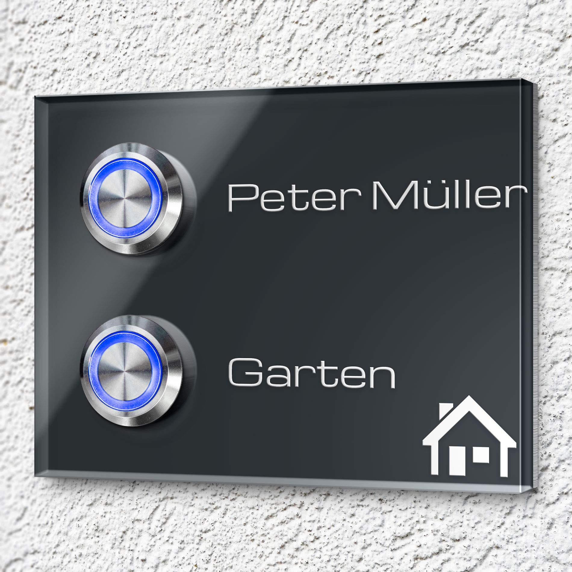 2 Fach Edelstahl Doppel-Türklingel mit Gravur - Klingel 9x7 cm mit zwei Premium LED Klingelknopf Taster | Klingelschilder in Hochglanz Optik | Gravierte Klingelplatte für Mehrfamilienhaus/Doppelhaus