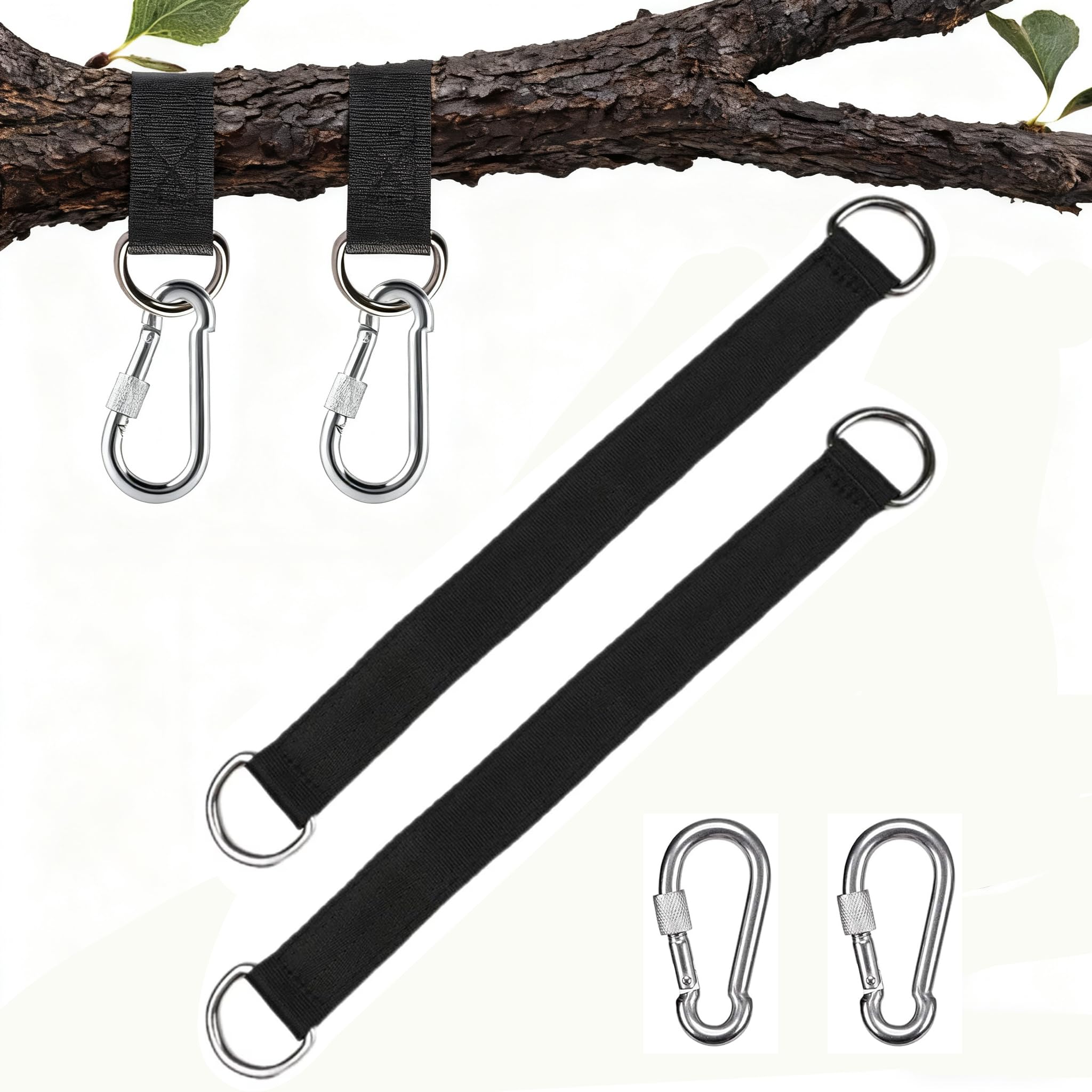 Anhoer 2Pcs Tree Swing Straps 30cm x 25mm Hanging Kit Heavy Duty Hammock Straps Carabiner Hooks & 4 D-rings for Tree Swings