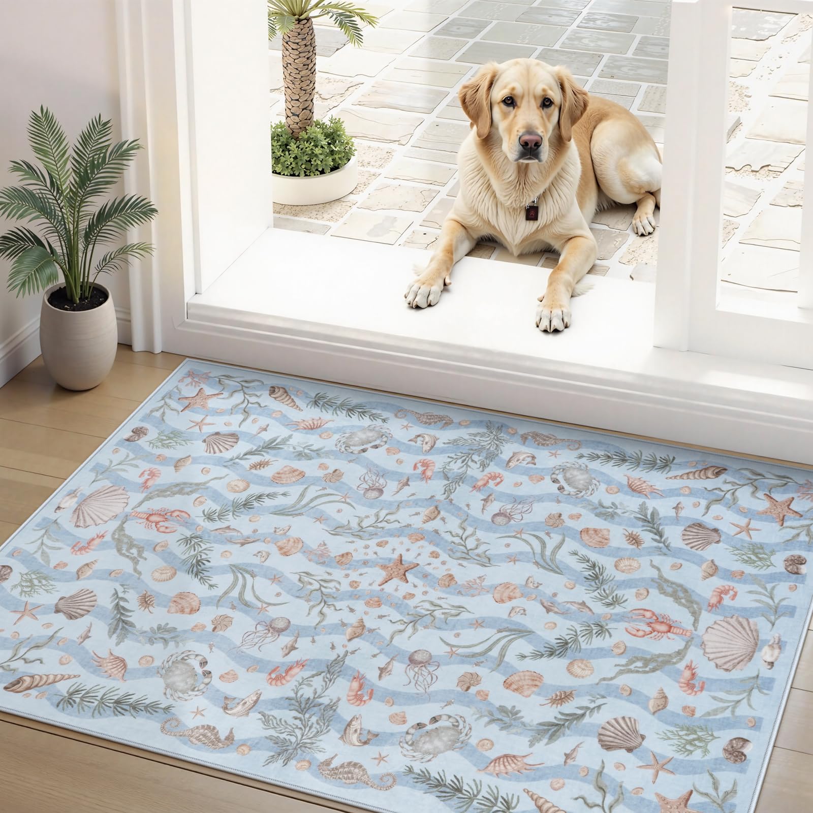 LIVEBOX Vintage Coastal 2x3 Washable Kitchen Rugs for Entryway Clearance Light Blue Non-Slip Entrance Rugs Low Pile Farmhouse
