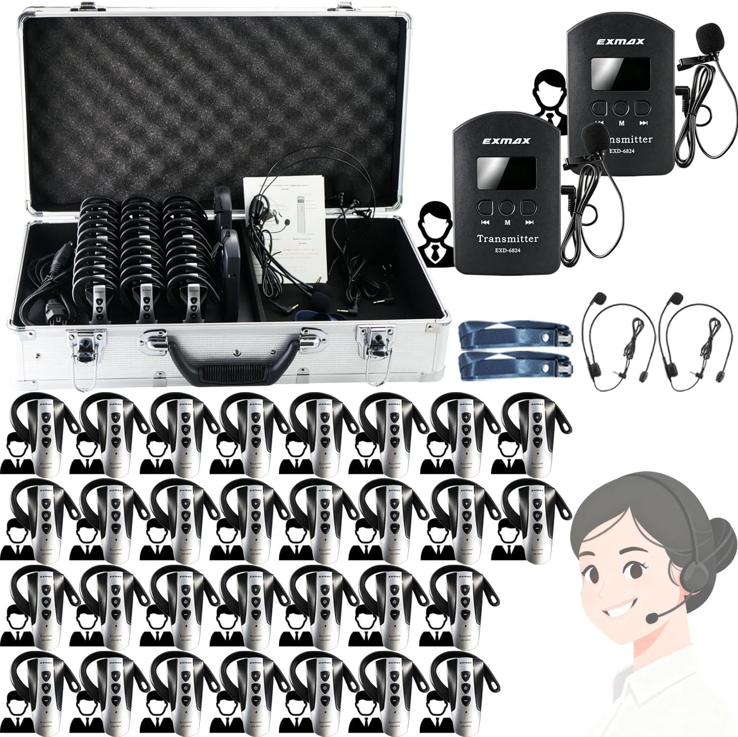 EXMAX® EXD-6824 Wireless Tour Guide System for Tour Guiding Simultaneous Translation Museum Visiting Coaching Church Assistive Listening System (EXD-6824-2T30R+ChargeCaseMiniUSB)