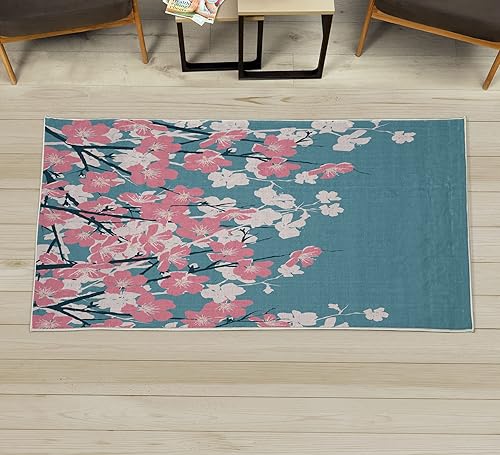 Lunarable Alfombra decorativa del este, diseño de flores de cerezo japonés, ramas Sakura, flores de primavera, ilustración de jardín, alfombra de