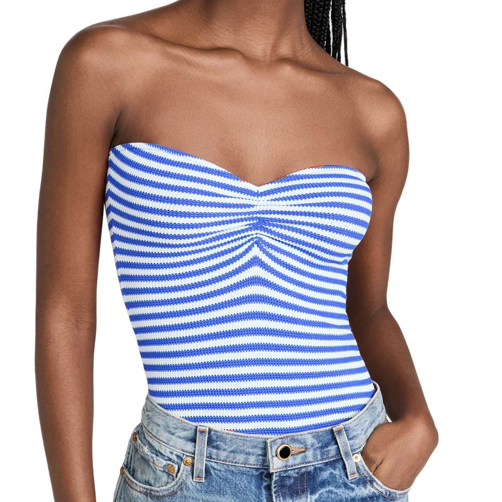 Women Strapless Crop Top Sexy Striped Knitted Tube Top Sleeveless Off Shoulder Bandeau Tank Vest