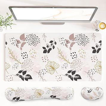 QiyI PU Leather Desk Mat Set, 4-in-1 Ergonomic Wrist Rest, Botanical Leaf
