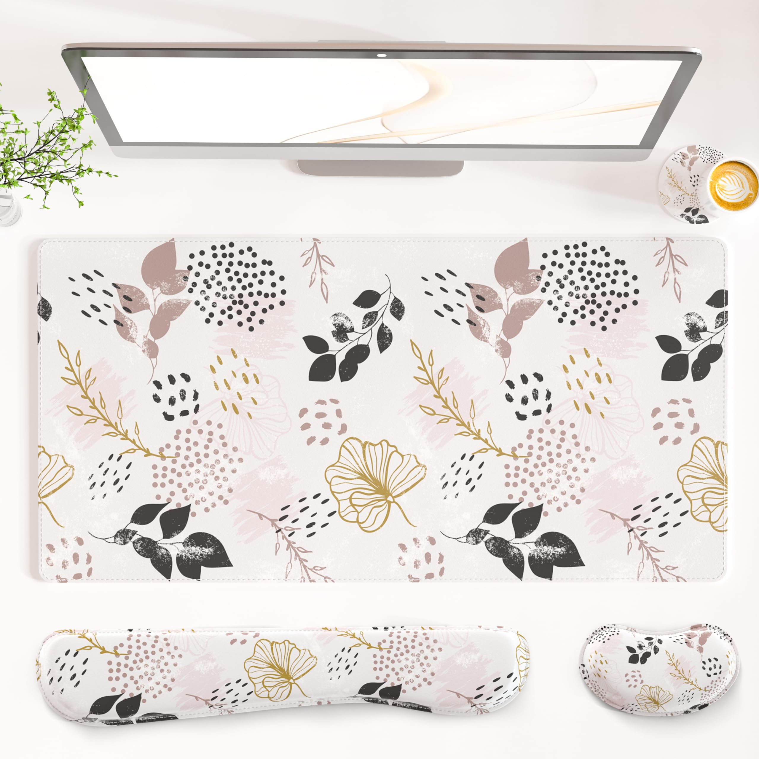 QIYI Leather Desk Mat Set 4-in-1 Large Mouse Pad with Wrist Rest Non-Slip Desk Pad Keyboard Wrist Rest