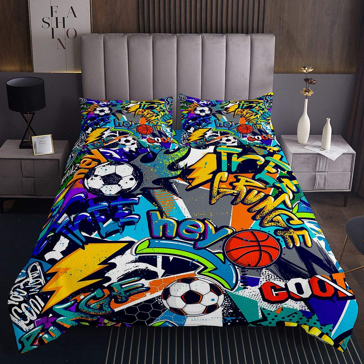 Juego de Colcha niños de Graffiti Hippie,niños,niñas,fútbol,Baloncesto,Graffiti,Acolchada,Suave,Brillante,temática Deportiva,Acolchada,Individual