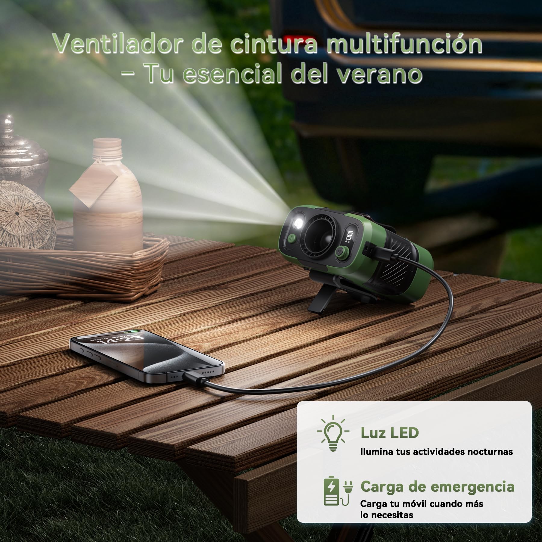 Ventilador de Cintura para Obra y Trabajo al Aire Libre, Refrigeración Potente de 12 m/s, 100 Velocidades Ajustables, Autonomía de hasta 24H, Ventilador con Clip, Luz LED, Carga USB-C