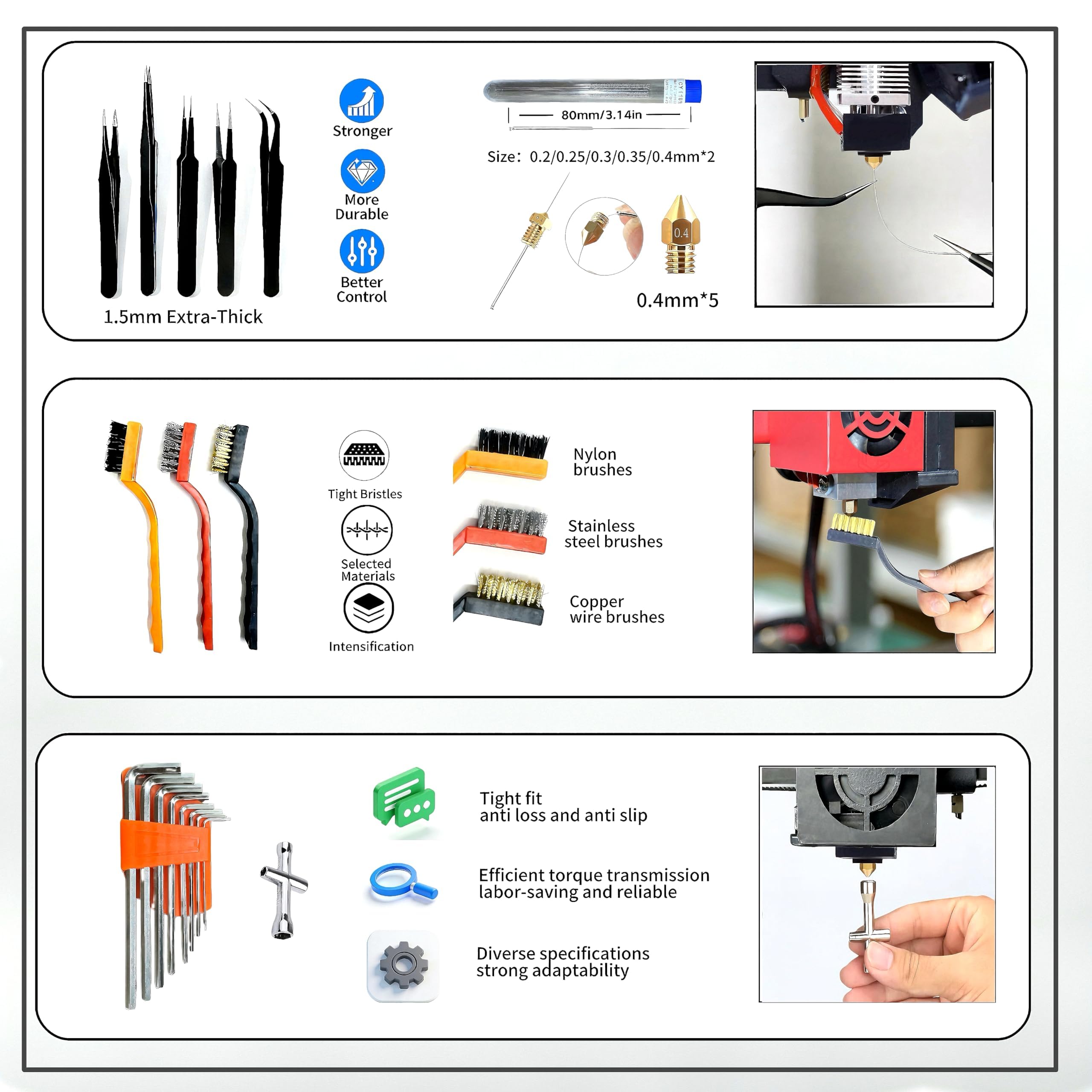 214PCS Kit de Herramientas para Impresora 3D, Accesorios con Limpieza de Boquillas, Desbarbador, Pinzas y Alicates para Desmontaje, Mantenimiento y Mecanizado de Precisión