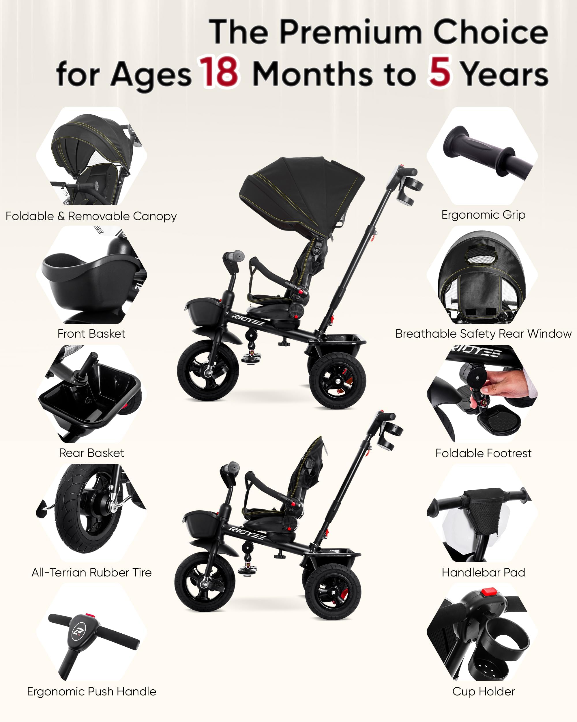 Triciclo 7 en 1 para 18 meses a 5 años, neumáticos de goma todo terreno, frenos de doble rueda, asiento giratorio para niños pequeños de 1.5 a 3 años, triciclo para 3 a 5 años con calcomanías 5