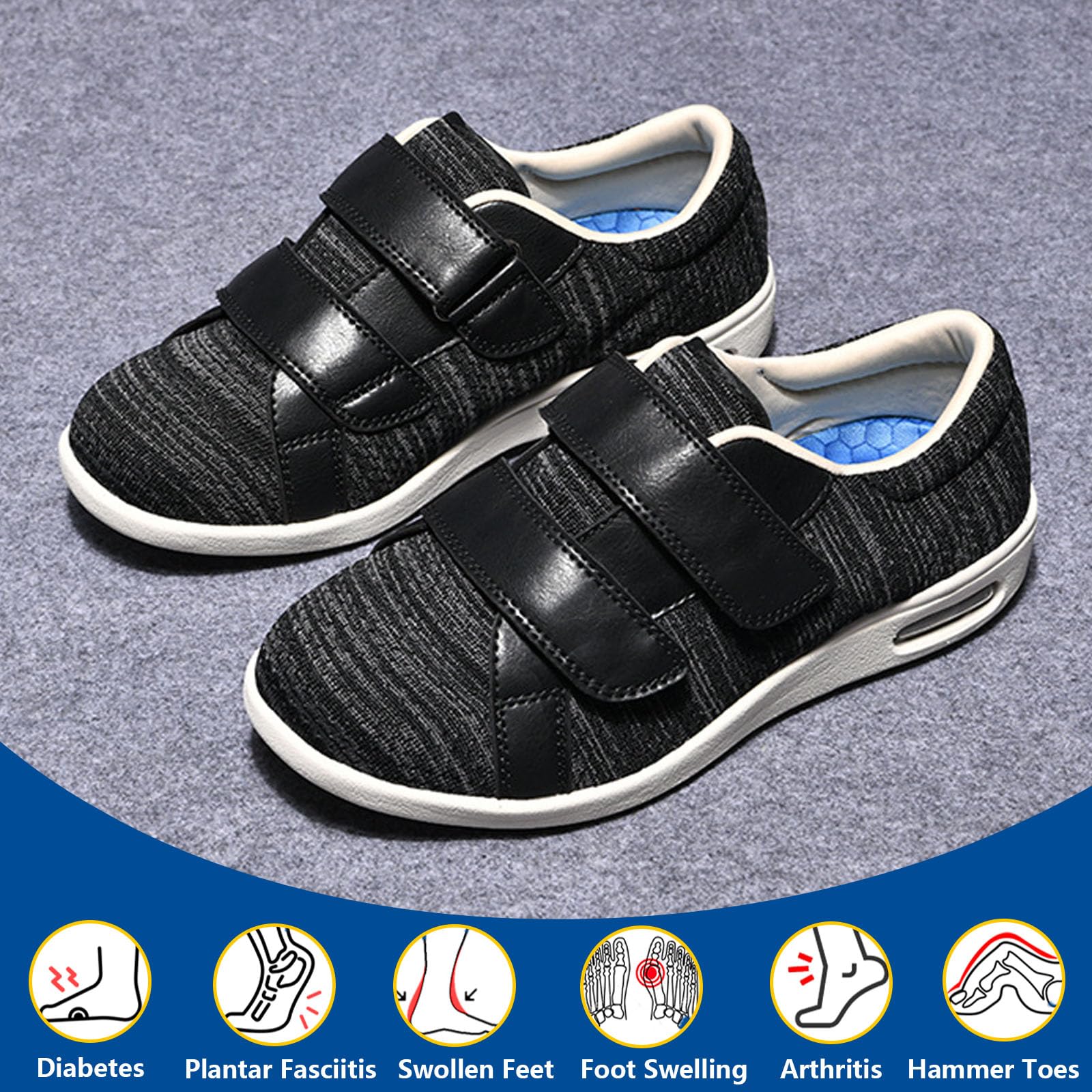 Damskie buty do chodzenia z podparciem łuku stopy, regulowane zapięcie, lekkie, oddychające tenisówki, łatwe do zakładania i zdejmowania (Black Gray us Men 14)