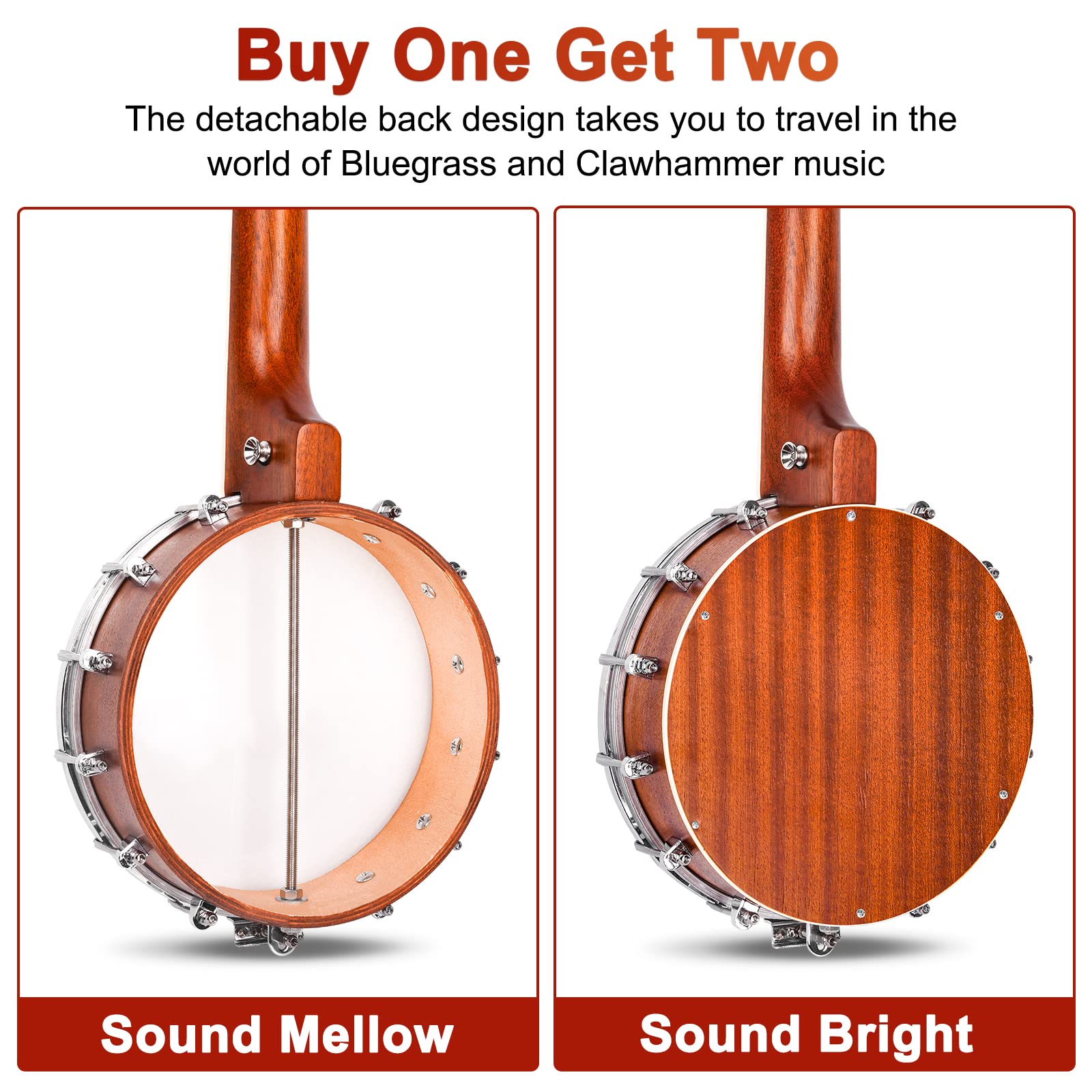 Vangoa Banjo Ténor 5 Cordes Solide à dos Fermé 26 Pouces avec kits pour Débutants