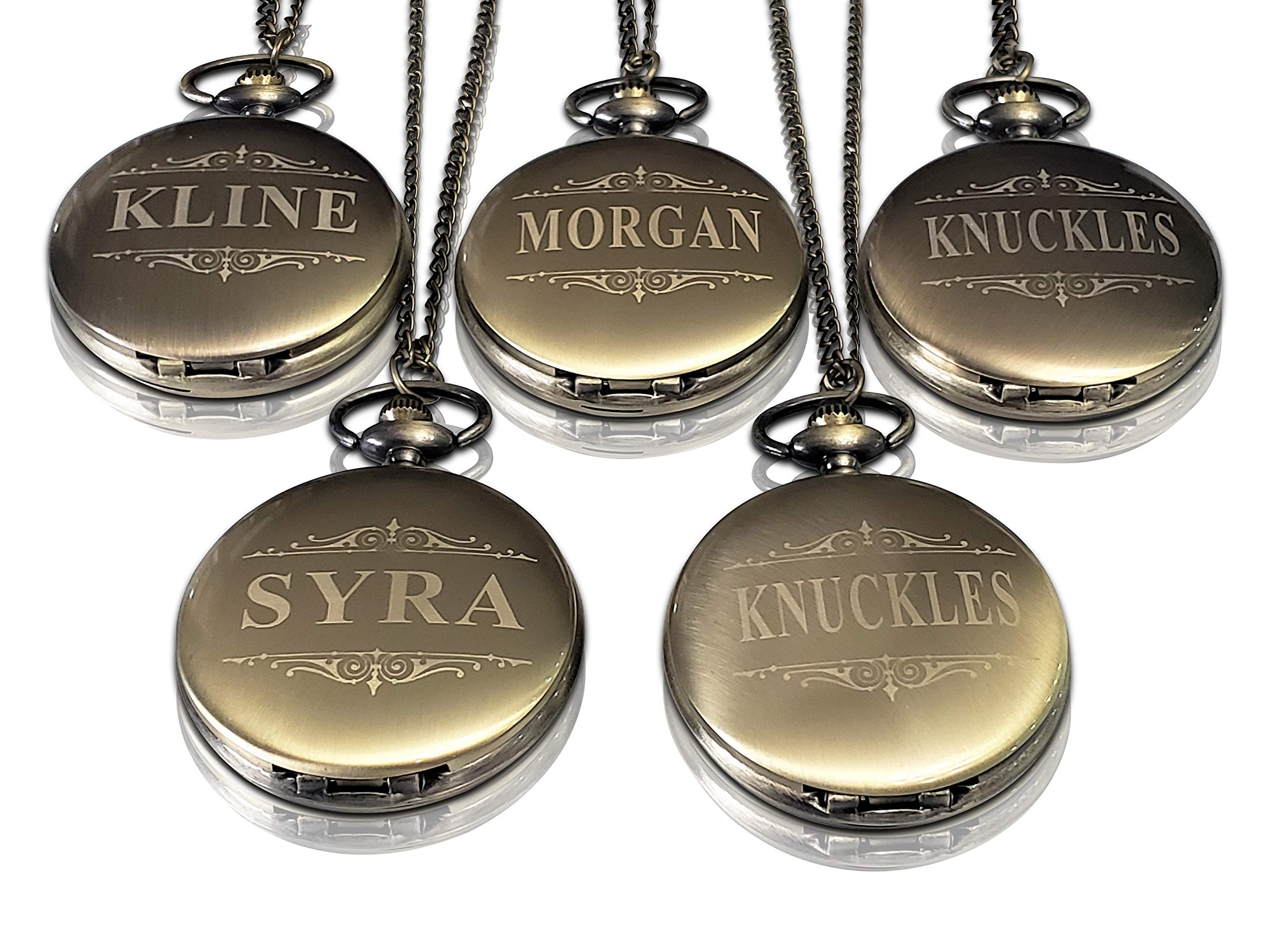 9 Personalized Pocket Watches, Set of 9 Groomsmen Wedding Unique Gifts, Chain, Box and Engraving Included, Comes in 4 Colors (Gold Vintage)