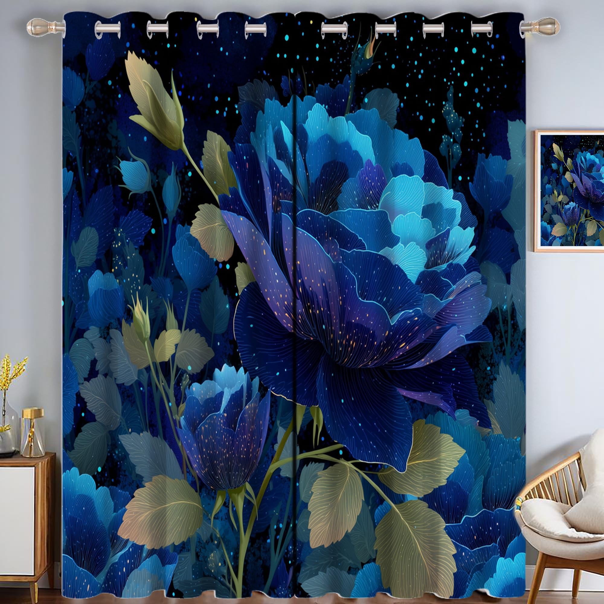 Rideau occultant 3D fleurs de roses bleues aux finitions haut de gamme et oeillets robustes