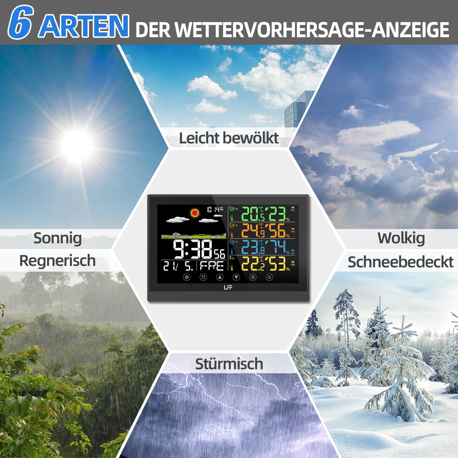LFF Drahtlose Wetterstation, Funkwetterstation Indoor Outdoor mit Sensoren, Farbdisplay Digitale Atomuhr Innen Außen Thermometer Wireless, Vorhersage Station mit Einstellbarer Hintergrundbeleuchtung