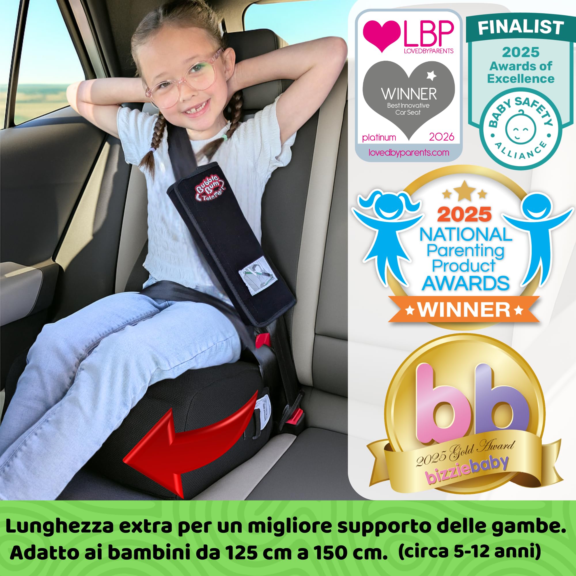 BubbleBum Teleport, rialzo per auto con schienale scoperto, telescopico portatile, ideale per l'uso quotidiano e pieghevole per viaggi, certificato R129, altezza da 125 cm a 150 cm, nero