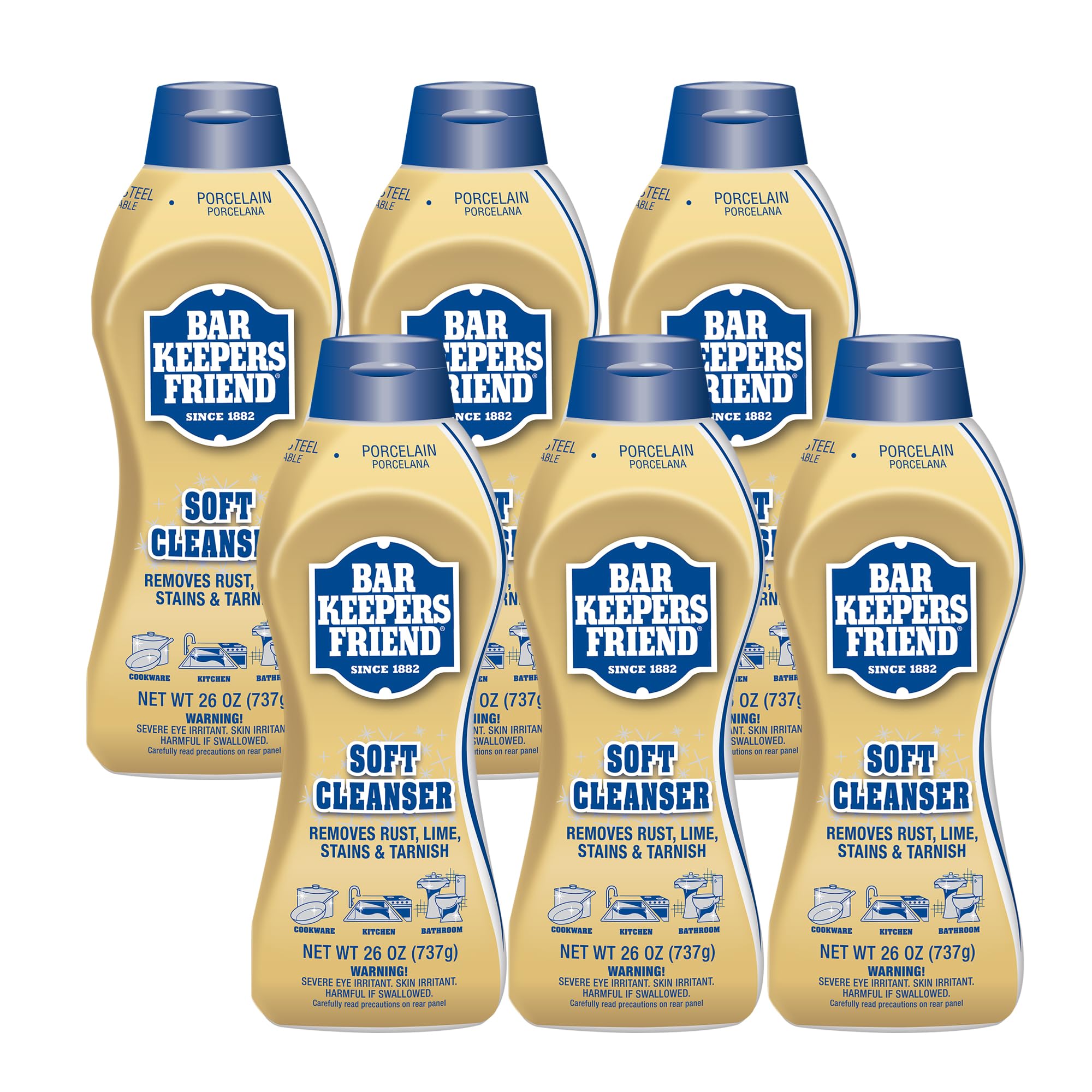 BAR KEEPERS FRIEND Soft Cleanser Liquid (26 oz - English/Spanish) - Multipurpose Cleaner & Rust Stain Remover for Stainless Steel, Porcelain, Ceramic Tile, Copper, Brass, and More (6)