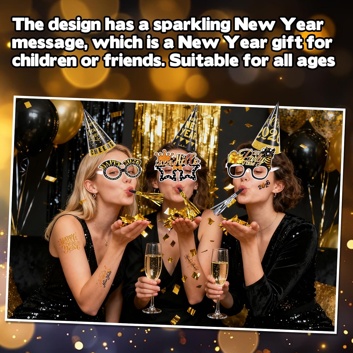 New Year Eve Party Supplies 2026, Black Gold Silver Happy New Year 2026 Cone Hats New Years Eve Hats 2026 Glasses Party Blowouts Tattoos Bead Necklaces NYE Party Favors 2026 Decorations