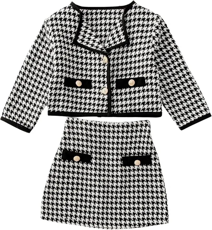 WDIRARA Girl's 2 Piece Houndstooth Outfits Tweed Jacket and Skirt Set Tea Party Suits