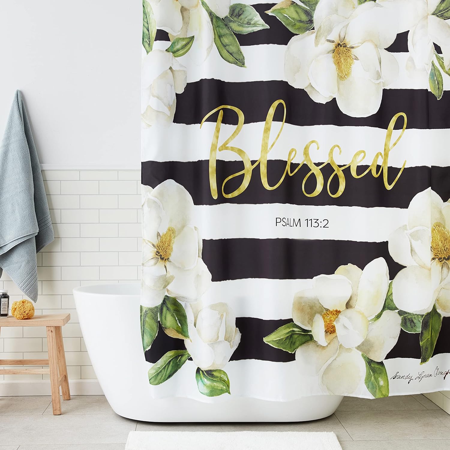 African American Expressions Shower Curtain with Hooks - 71 x 71 Inch, Black and White Blessed Magnolia