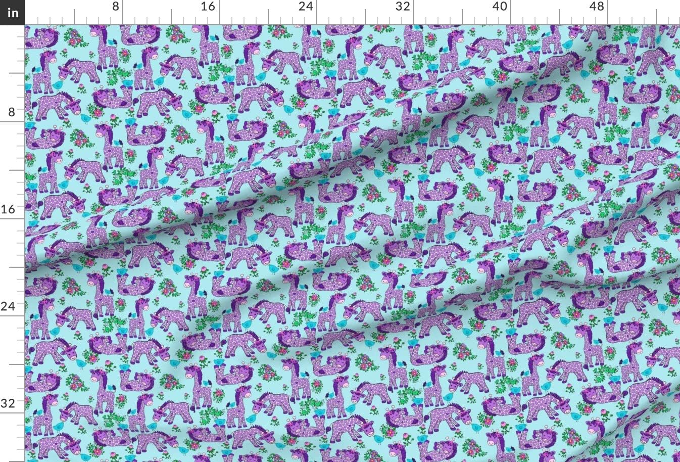 Spoonflower Fabric - Giraffe Purple Teal Cartoon Girl Lavender Kids Birds Illustration Printed on Minky Fabric by The Yard - Sewing Baby Blankets Quilt Backing Plush