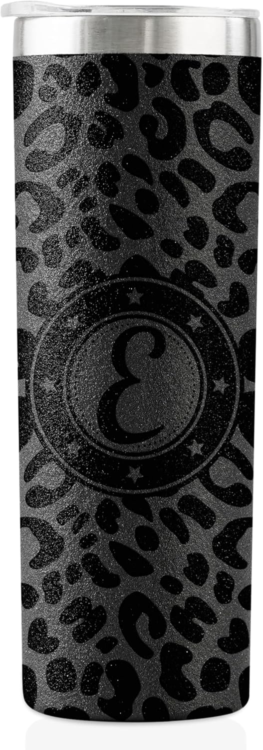 Onebttl Personalized Leopard Cup with Initial – Unique Cool Gifts for Women Who Have Everything on Birthday, Christmas – 20 oz Double-Wall Vacuum Tumbler with Lid and Straw – Black Glitter – Letter E