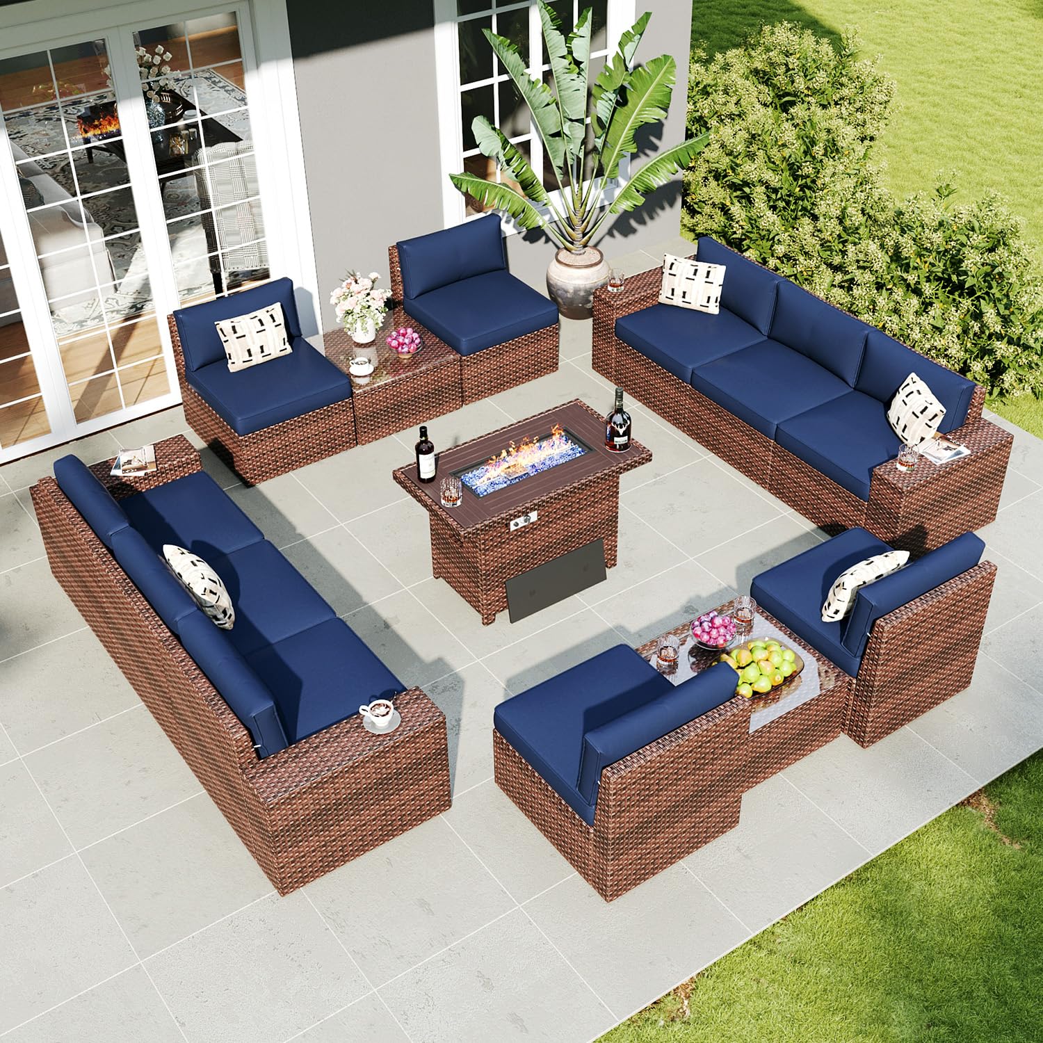 Jolydale13PCS Wicker Rattan Outdoor Patio Furniture Set 44’’ Propane Fire Pit Table Rattan Outdoor Sectional Sofa for Patio, Garden, Blue