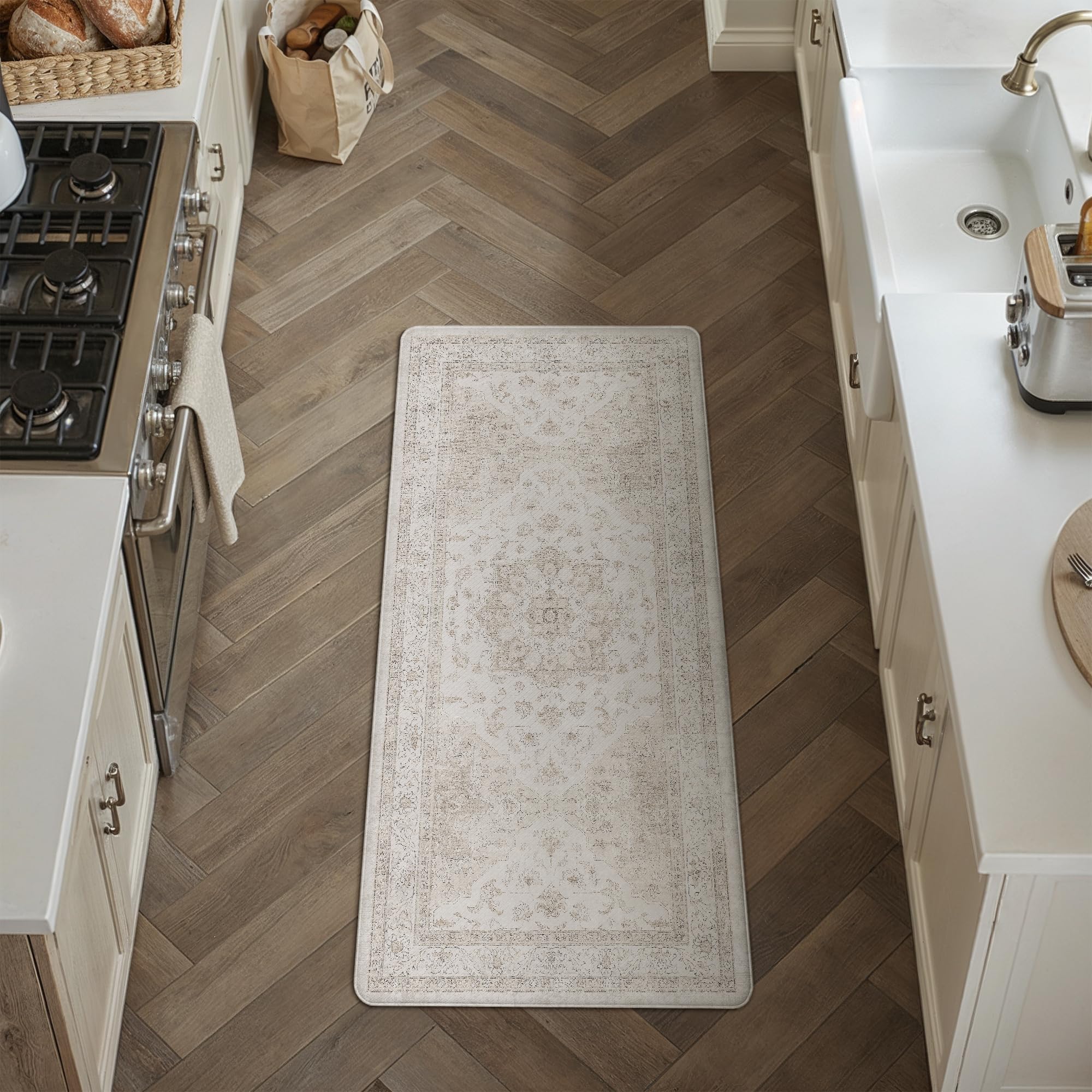 Kitchen Mats 2PCS Anti Fatigue Cushioned Mat Beige Vintage Kitchen Mats for Floor Waterproof Non Slip Comfort Standing Oriental Medallion Rug for Sink Laundry Office 17.3"x47"+17.3"x30" — view 12