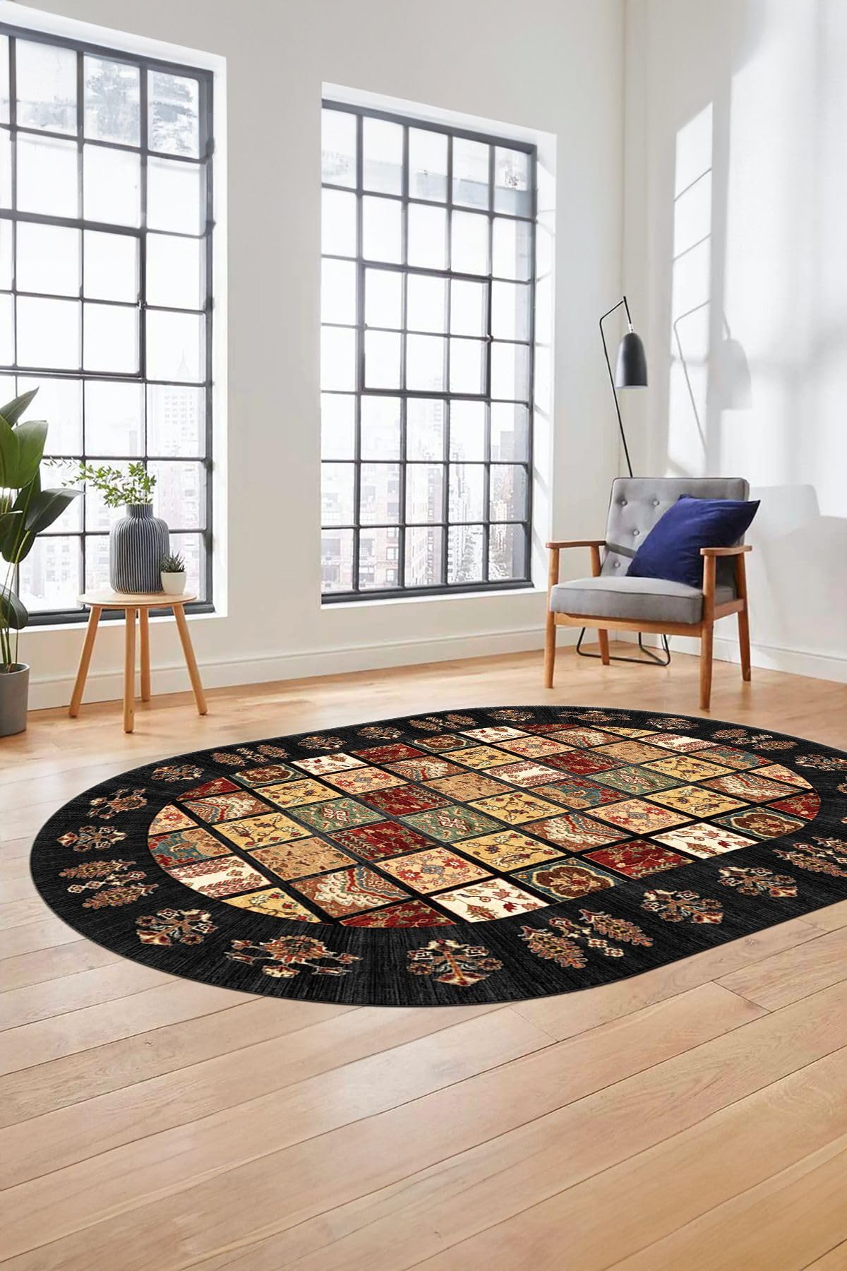 Evdeya Yeni Etnik Desen Kaymaz Taban Yıkanabilir Oval Yolluk Mutfak Salon Koridor Halısı O-ETNİK-18, Antrasit, 160 x 250