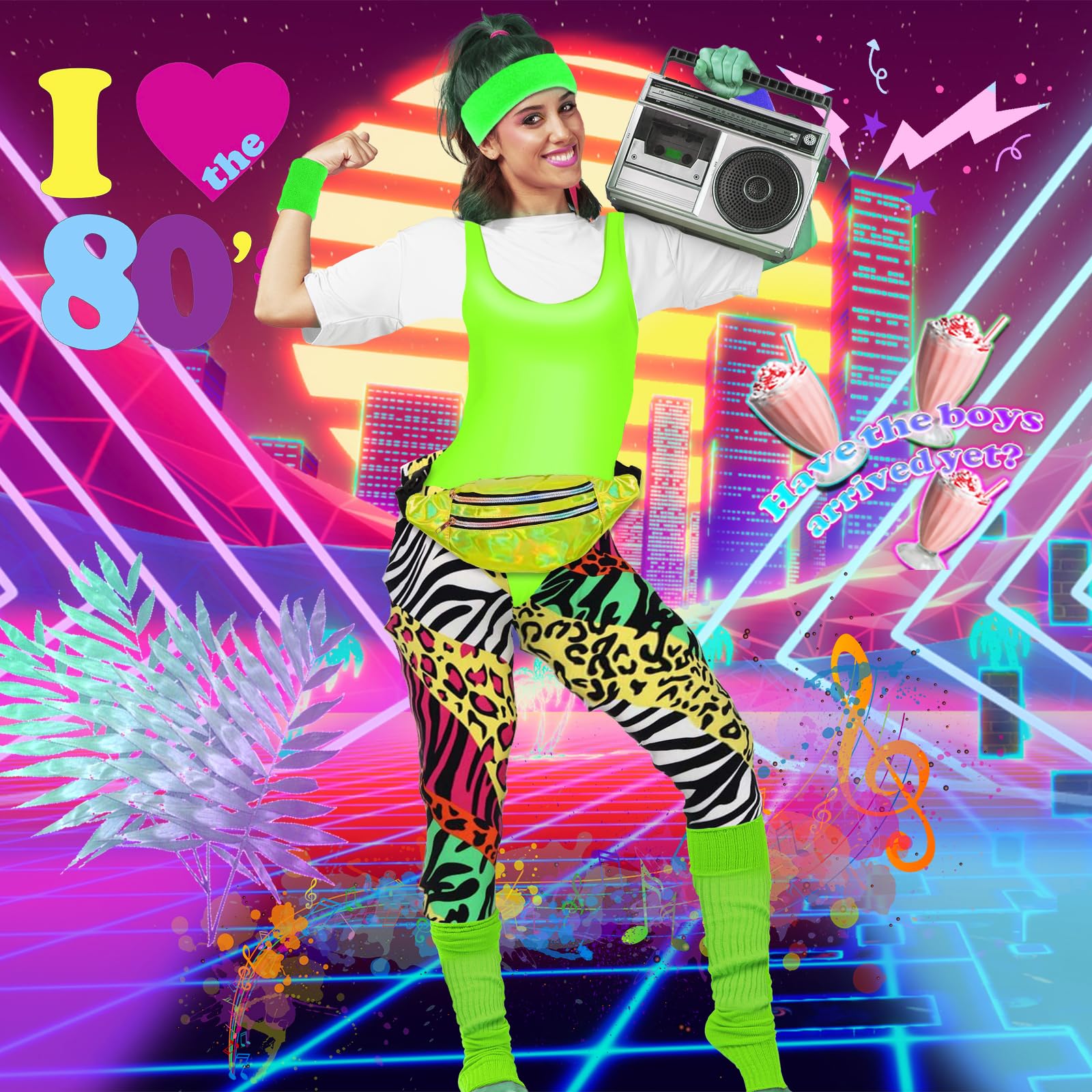 80er 90er Jahre Outfit Damen- Retro Trainingsanzug Workout Kostüm 80er Kleidung Accessoires Frauen mit 80s 90s Clothes Leggings Bauchtasche Stirnband Beinwärmer für Karneval Fasching Mottoparty Kostüm