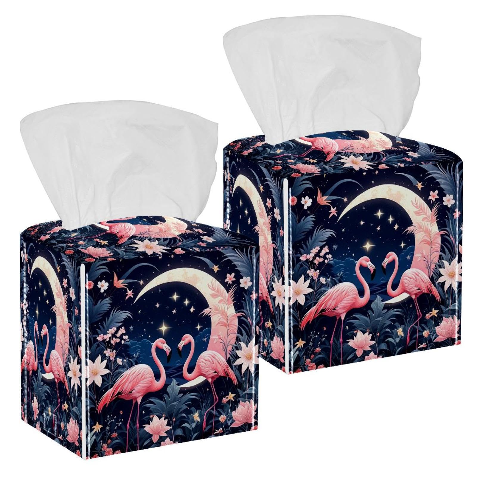 Flamingo Tissue Box Cover, 2 Pack PU Leather Square Facial Tissue Dispenser Box holder for Home Office Car