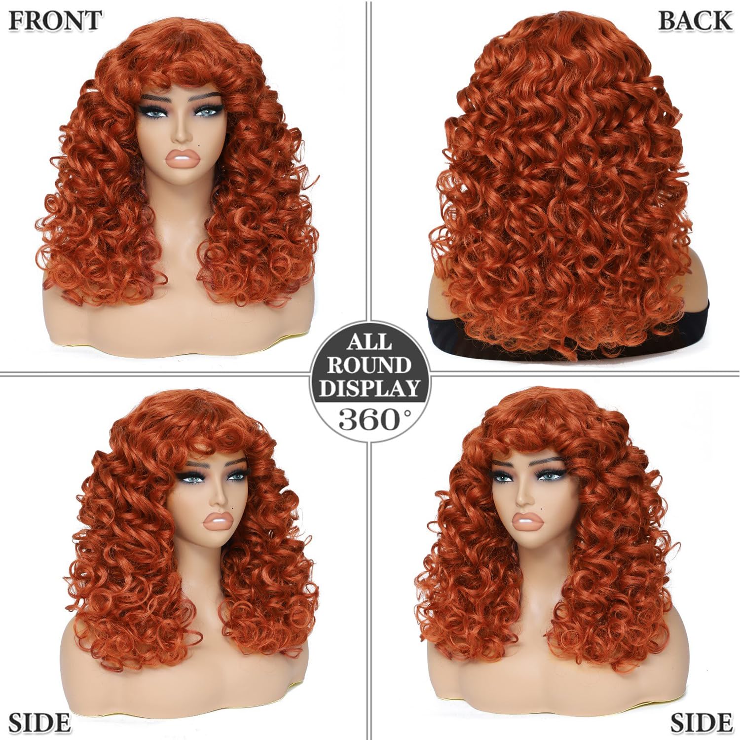 GKtineke-Curly-Wig Big-Curly-Wigs-for-White-Black-Women 20 Inch- Long-Curly-Wig-with-Bangs Synthetic-Hair-Replacement-Wigs-for- Cosplay and Daily (): Ginger