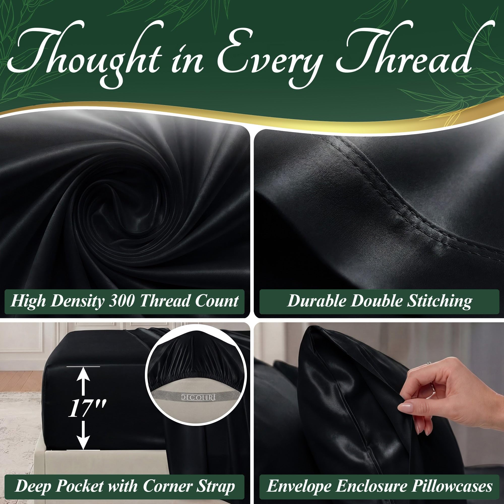 DECOLURE 100% Organic Viscose Derived from Bamboo Sheets Cal King Size 6pcs - Ultra Soft & Luxuriously Cooling, 17" Deep Pocket, Double Stitching, Perfect for Hot Sleepers - King Bed Sheets (Black) - 5