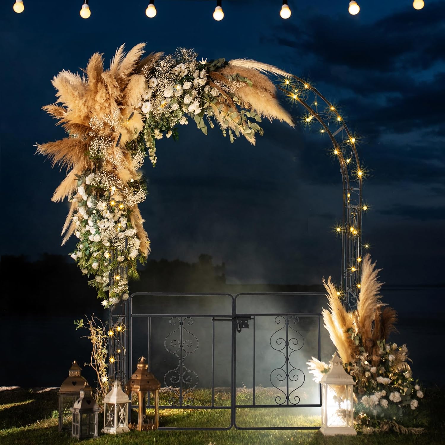 7FT Heavy Duty Metal Garden Arch with Gate, Decorative Trellis Arbor with 7" Ground Stakes for Climbing Plants, Roses, Vines, Wedding Ceremony, Party, Patio, Lawn, Black