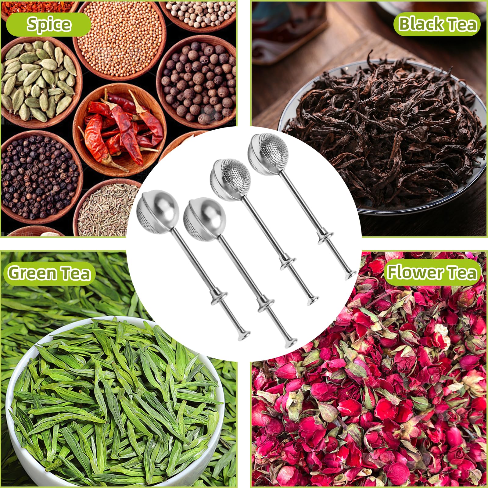 4 Piezas Infusor de Té Acero Inoxidable 304, Pinzas para Té, Reutilizable, Bolas de Té con Agujeros Totales, Colador de Tea en Forma de Bola, Bola de Filtro de Tea con Mango Telescópico