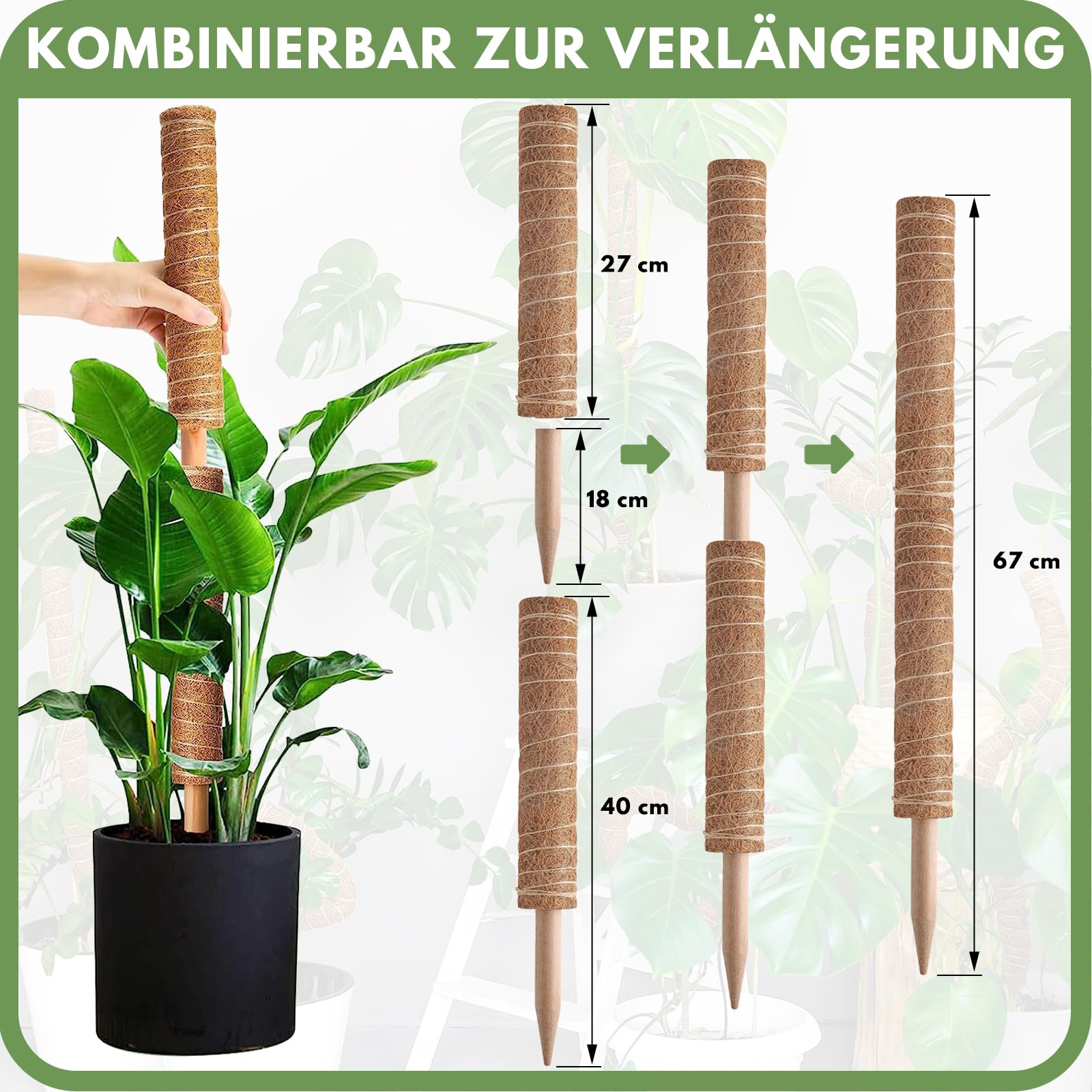 Surakey - 2 confezioni di tutori per piante, in fibra di cocco, Totem di schiuma di cocco, Aste di cocco, Pianta rampicanti di sostegno per giardino interno/esterno
