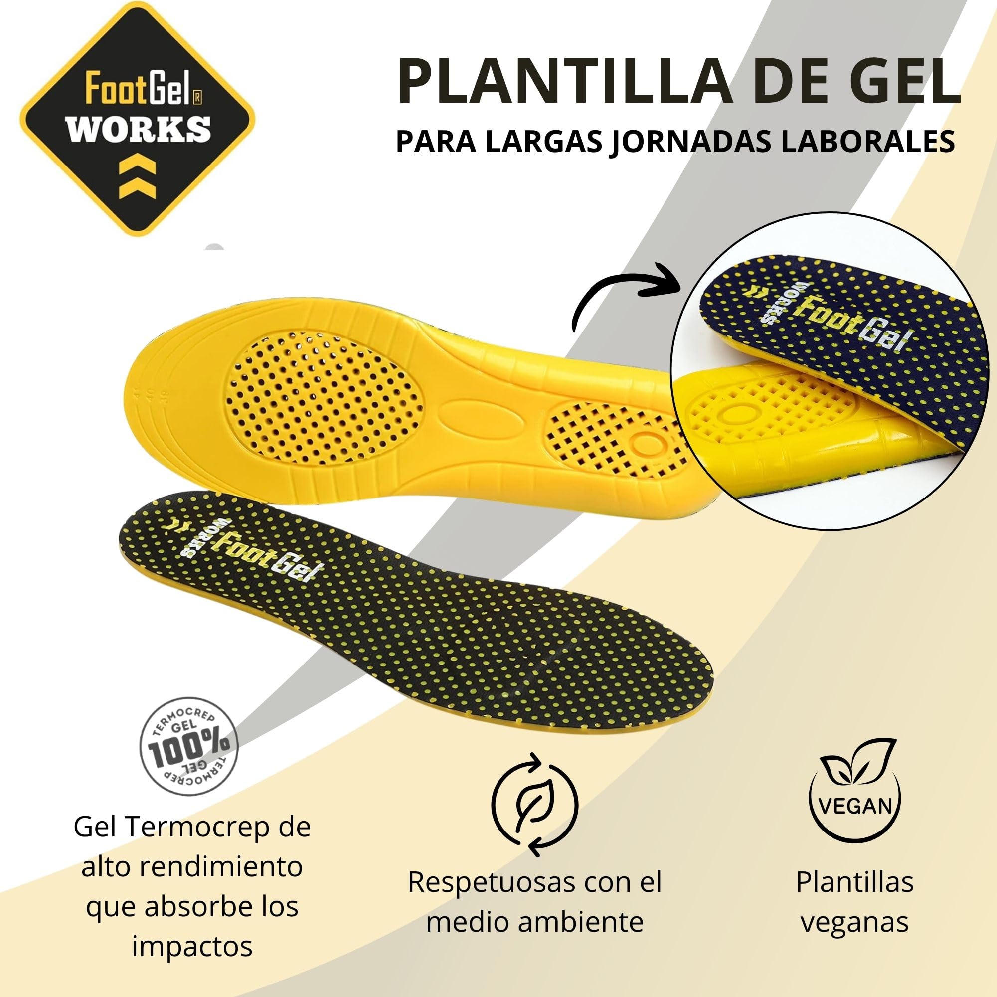 Plantillas Gel Works® | Plantillas Trabajo Hombre/Mujer Uso Diario Transpirables, Cómodas | Estabilizadoras, Previenen Dolores en Pies, Rodillas y Lumbares | Naranjo, Tallas 43 a 46
