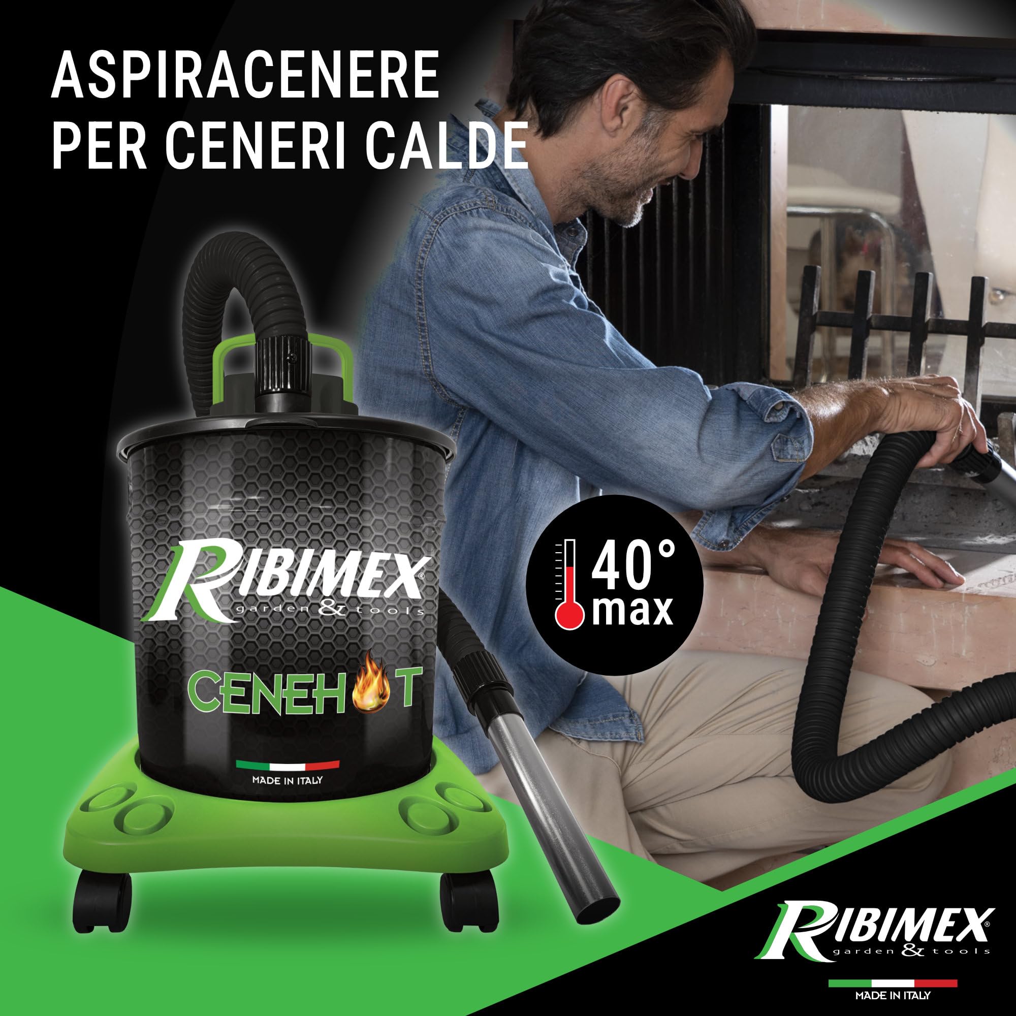 Ribimex Aspiracenere Elettrico Cenehot per Ceneri Calde fino a 40 Gradi, con Filtro HEPA Speciale, Bidone da 18 L, Potenza 950 W, Ideale per Stufe, Caminetti e Barbecue - PRCEN008