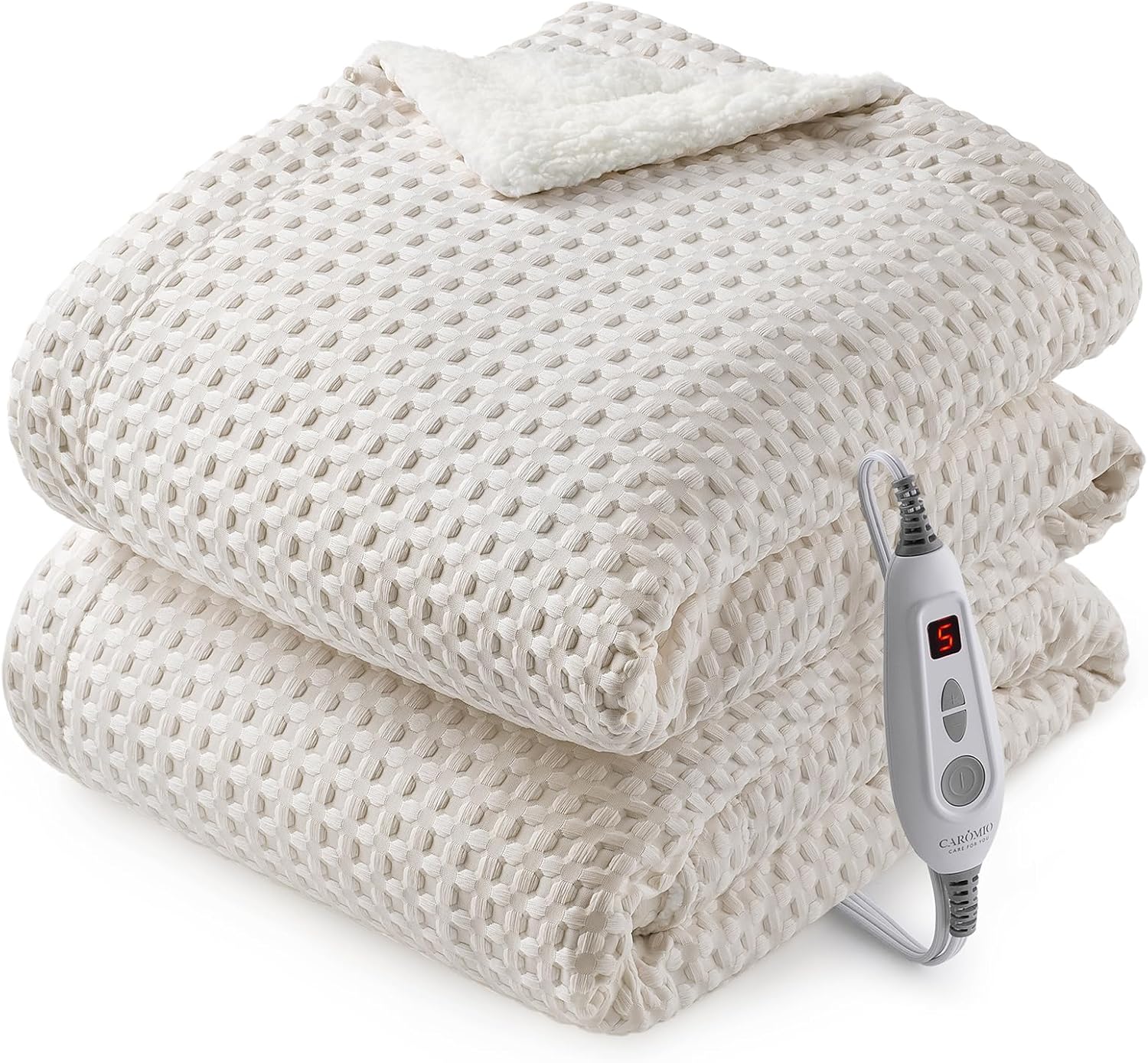 CAROMIO Heated Blanket Throw, Waffle Weave Electric Throw Blanket Fast Heating with LCD Controller, 6 Heat Levels & 4 Hour Auto Shut Off, ETL Certified, Machine Washable, Beige, 50" x 60"