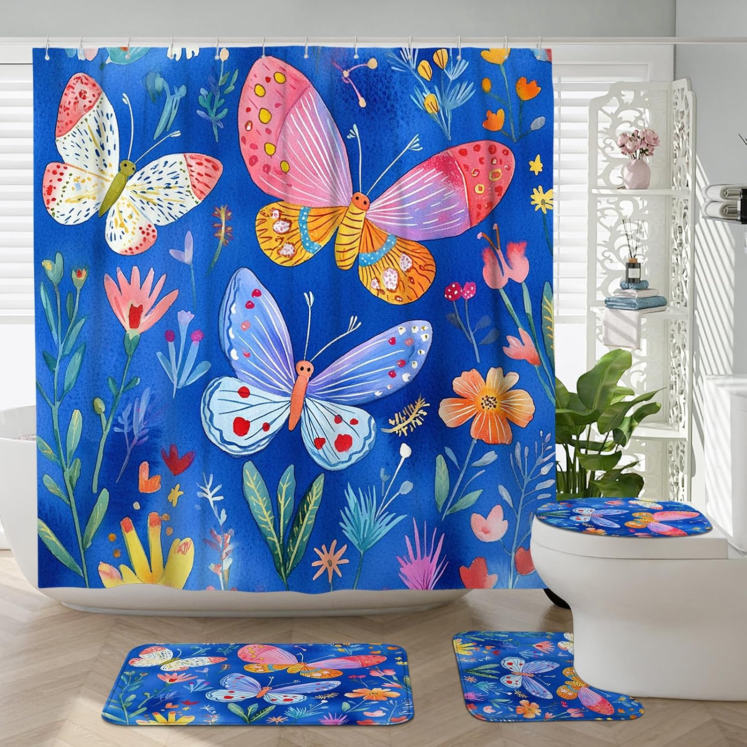 DESIHOM 4PCS Cartoon Kids Butterflies Shower Curtain Sets with Non-Slip Rug, U Shape and Toilet Lid Cover Mat, Fun Blue Anime Home Decor, Bathroom Accessory with 12 Hooks