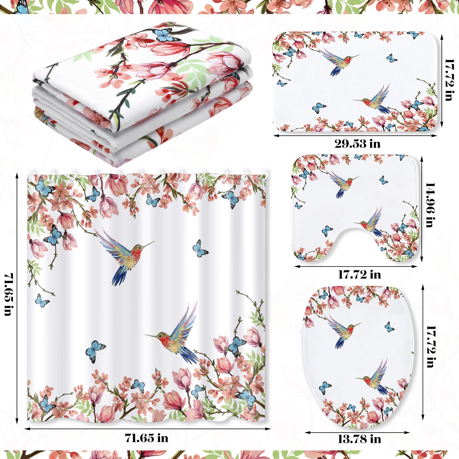 Newwiee Boho Duschvorhang-Set Mit Blumenmuster – 7-teilig Mit Matten, Handtüchern & WC-Vorlegern, Wasserdicht