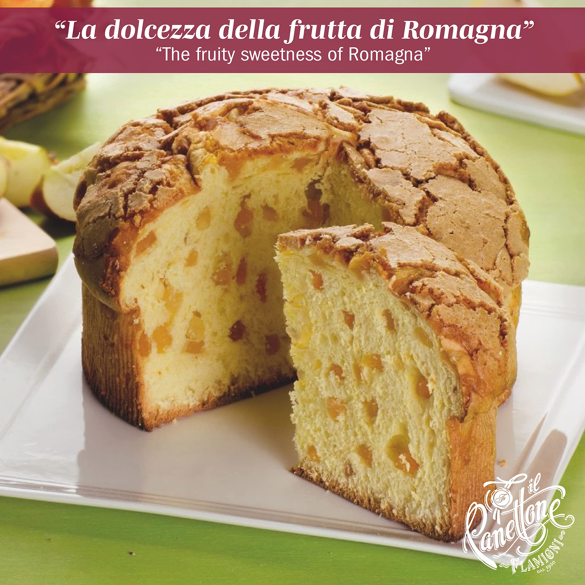 FLAMIGNI, Panettone Artisanal Italien à la Poire, Pêche, Pomme et Abricot Confit, avec Glaçage aux Noisettes, Amandes et Sucre, sans Raisins Secs, Emballage Cadeau avec Décoration pour Noël, 1kg