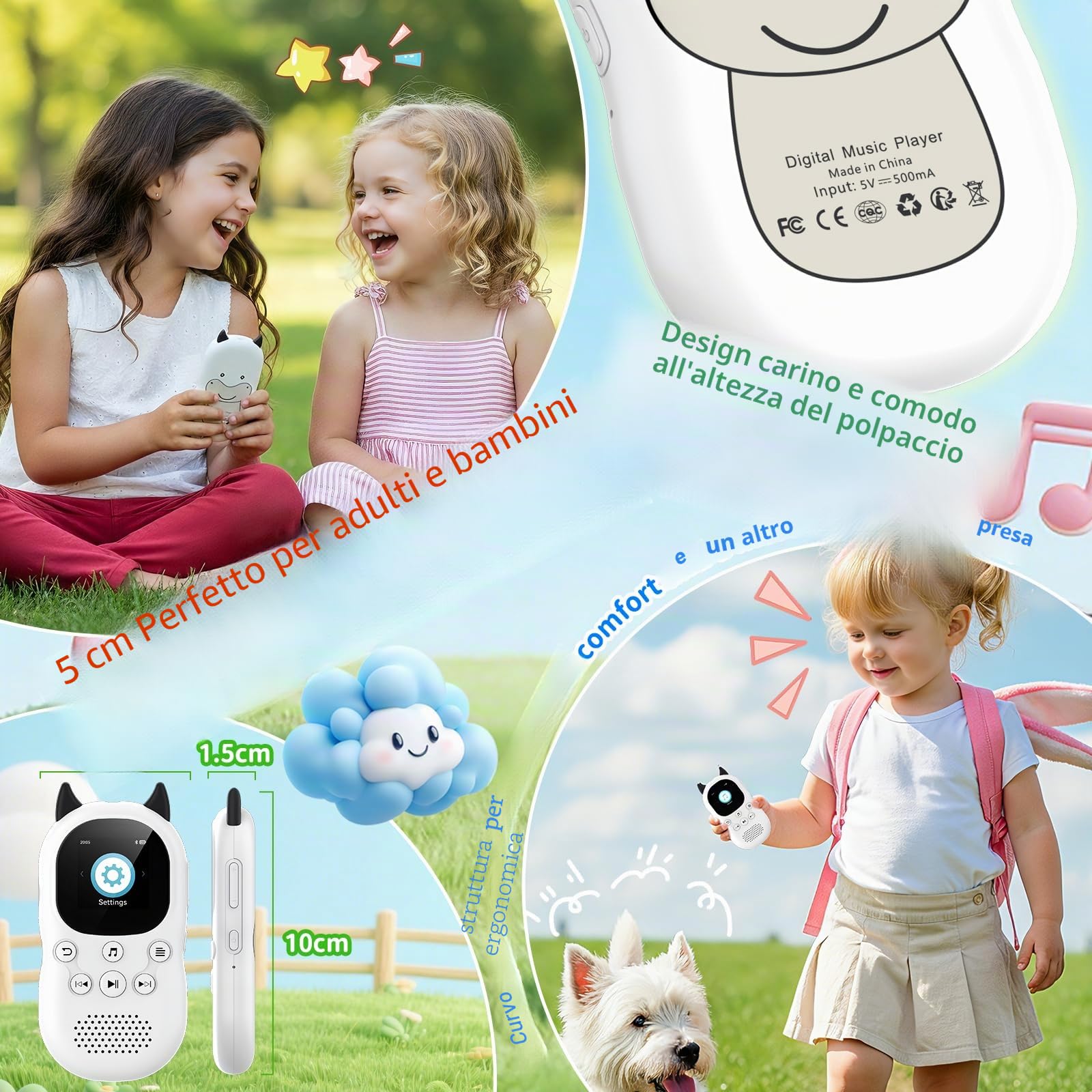 64 GB Lettore MP3 Bluetooth 5.3 per bambini, altoparlanti, lettore musicale con radio FM, sveglia, riproduzione di brani con un clic, batteria da 750 mAh, qualità audio HiFi, cordino gratuito