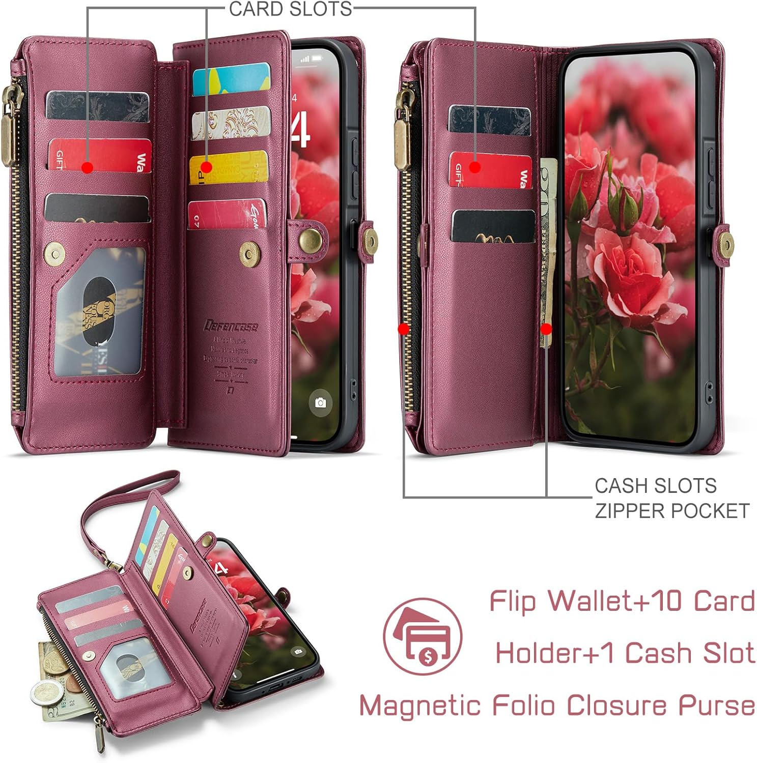 Defencase for Galaxy A36 5G Case Wallet with RFID Blocking Card Holder for Women Men, Fashion PU Leather Magnetic Snap Flip Zipper Wrist Strap Wallet Phone Case for Samsung Galaxy A36 5G, Wine Red