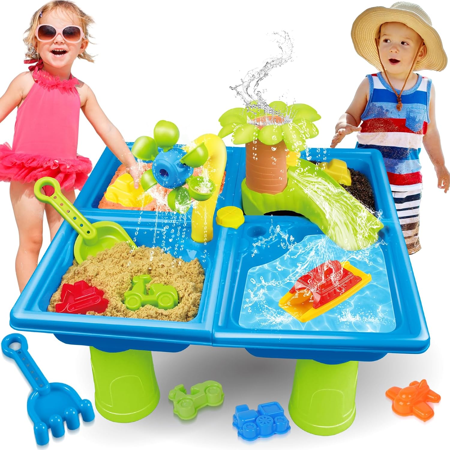 VATOS Water Table for Toddlers 1-3, 4 in 1 Kids Portable Water Play Table Beach Toys, 24PCS Sensory Activity Splash Table Outside Backyard Summer Outdoor Sand Toys for Toddler Boys Girls Age 3 4 5 6