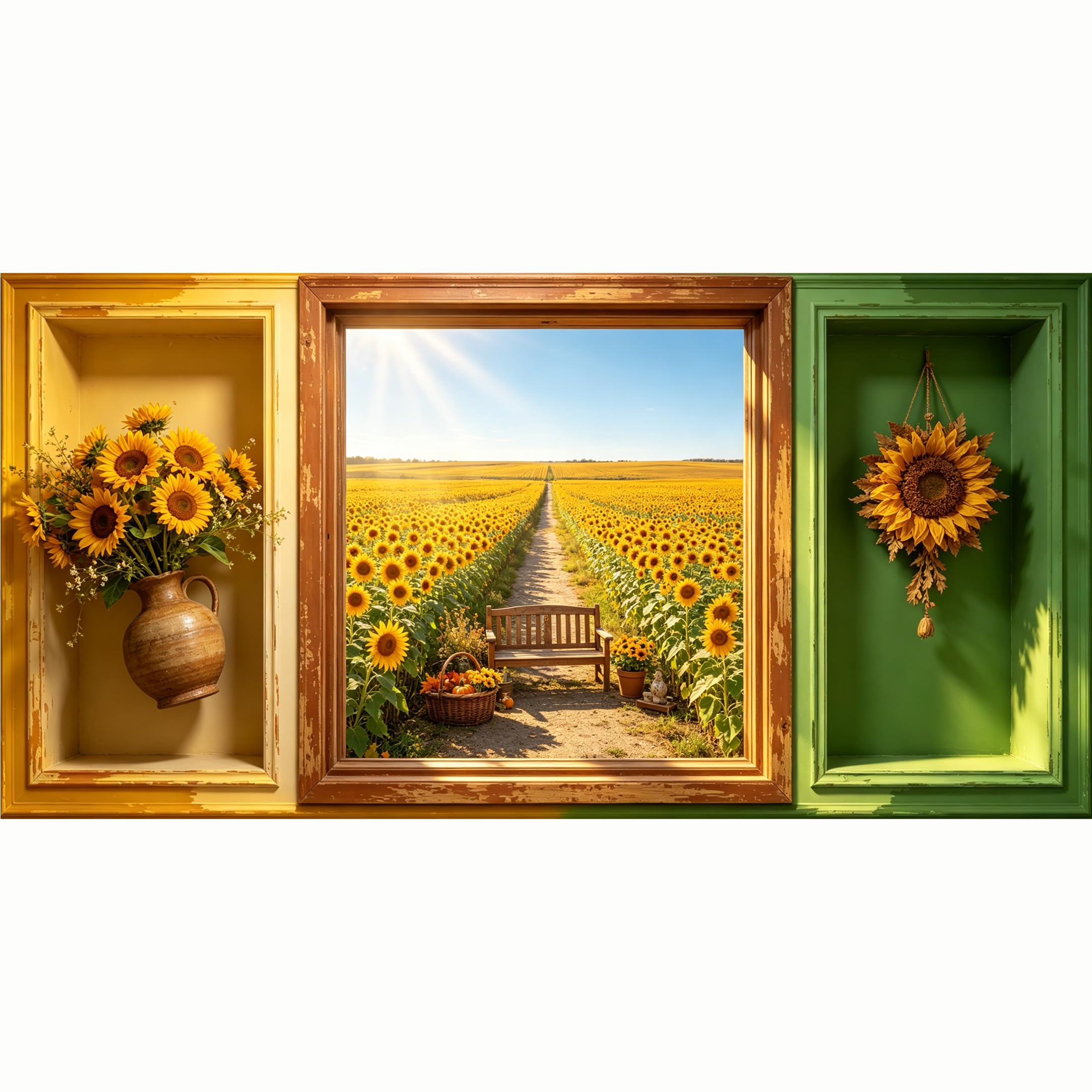 QZLITHOTIC 50x100cm 3D Framed Wall Art， Sunflower Field Country Landscape Farmhouse Style Self‑Adhesive Mural， Water‑Activated Peel & Stick Fabric Decor Wall Decal for Bedroom Living Room