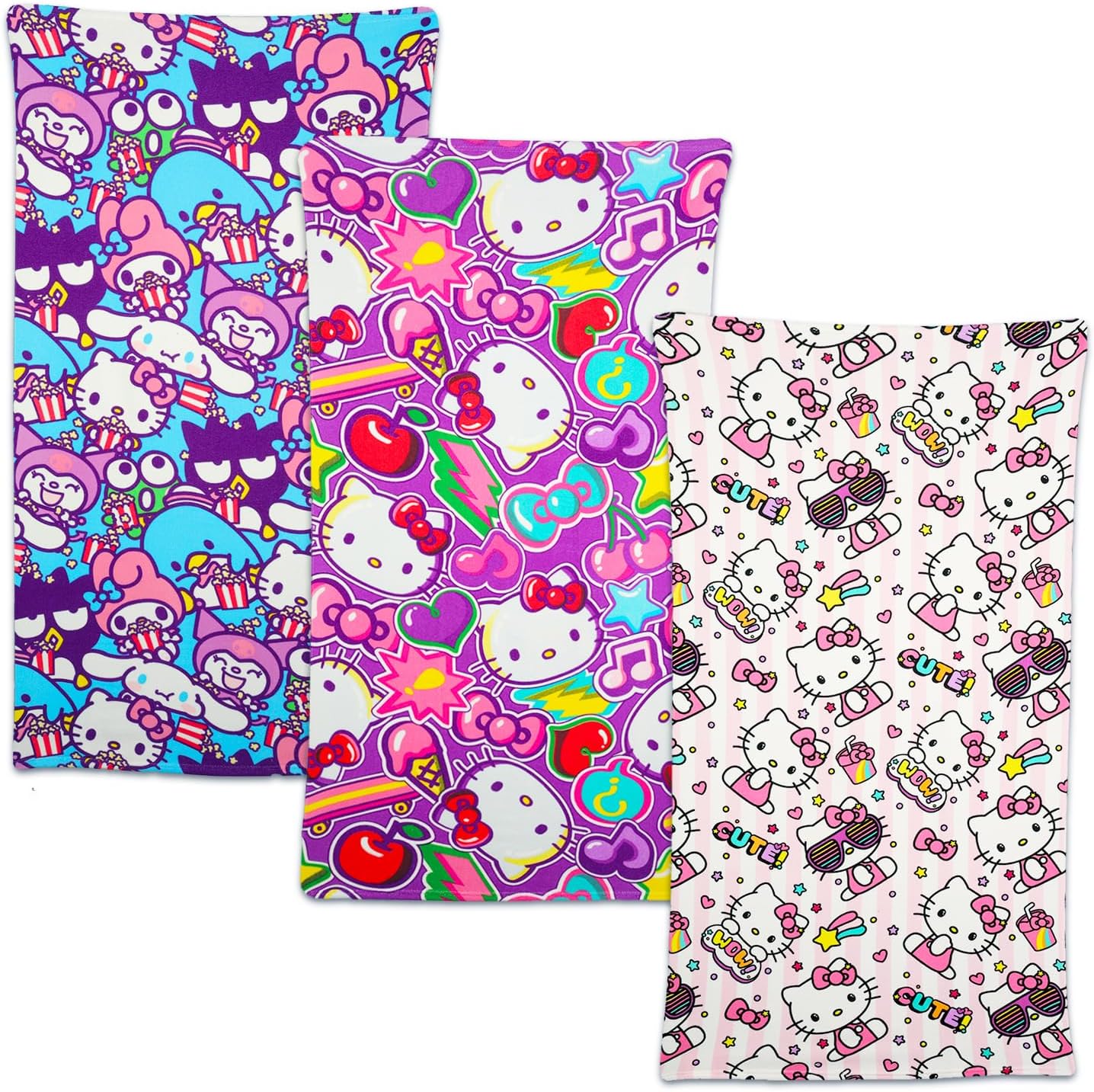 Hello Kitty and Friends Beach Towel 3 Pack Set for Kids - Bundle with 3 Sanrio Microfiber Towels Plus Stickers, More | Hello Kitty Pool and Bathroom Set for Girls