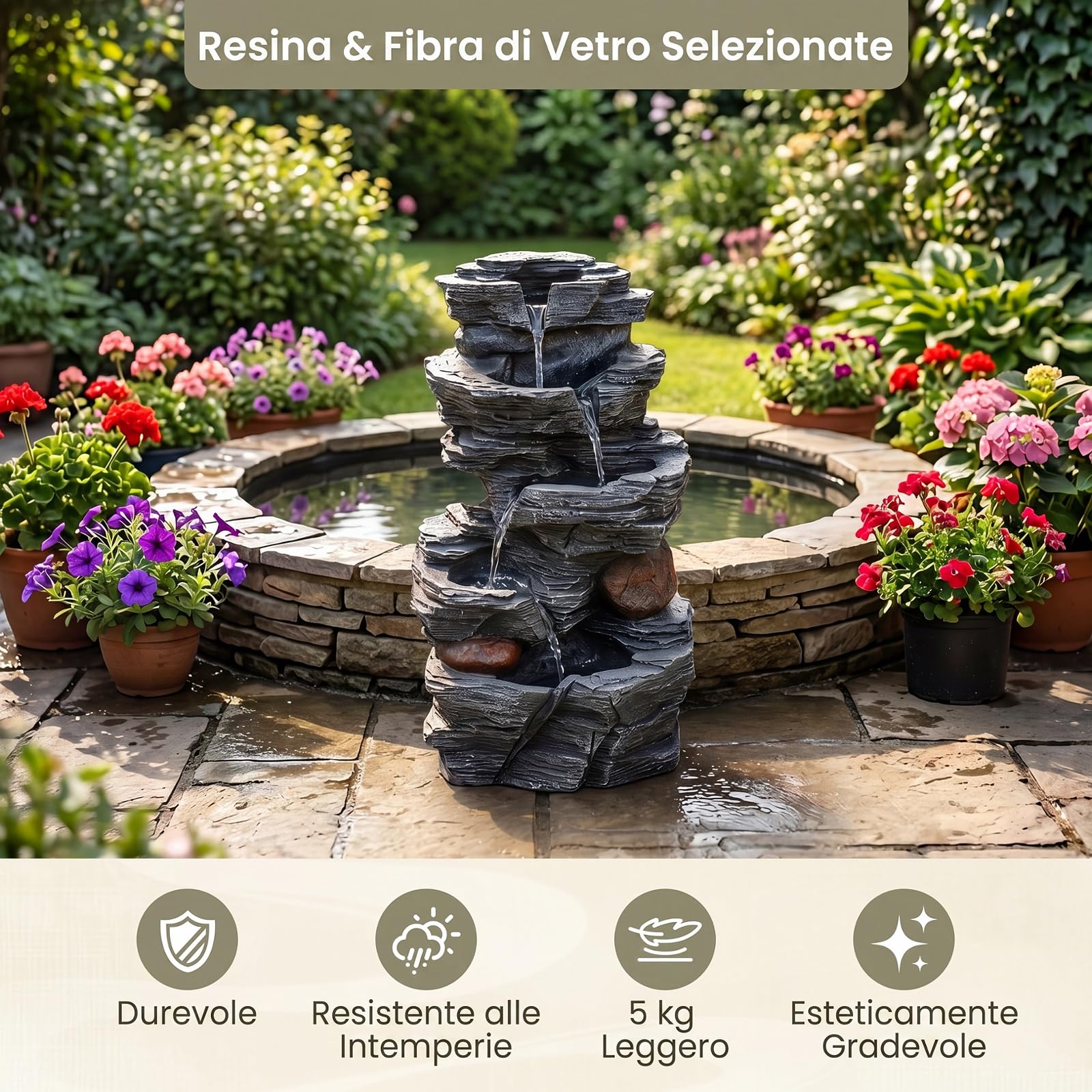COSTWAY Fontana da Giardino, Fontanella Elettrica da Tavolo con Luci LED | Fontana Cascata in Resina a 5 Livelli con Flusso d'Acqua Regolabile e Pompa, da Interno ed Esterno per Terrazzo e Cortile