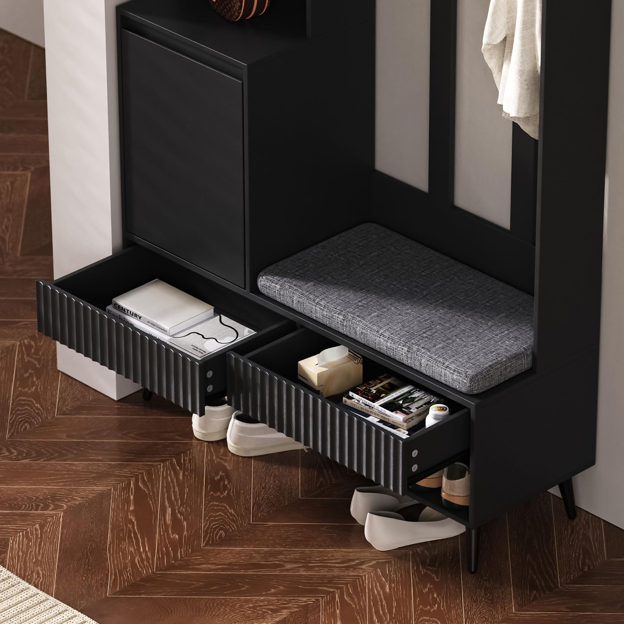 Juego de muebles de entrada que incluye un perchero y un banco para zapatos, vestuario de pared de entrada con 4 ganchos, dos cajones, 1 puerta, y un práctico panel de pared perforado para el pasillo