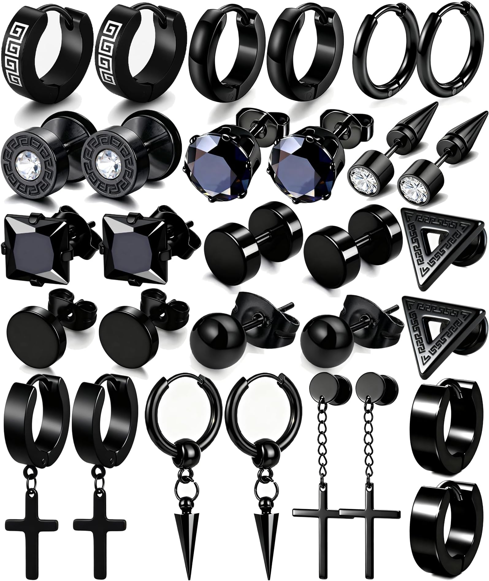 15 Pairs Earrings for Men, Stainless Steel Earrings Stud Kit for Men Women Fashion Piercing Jewelry Cross Dangle Hoop Earrings Set