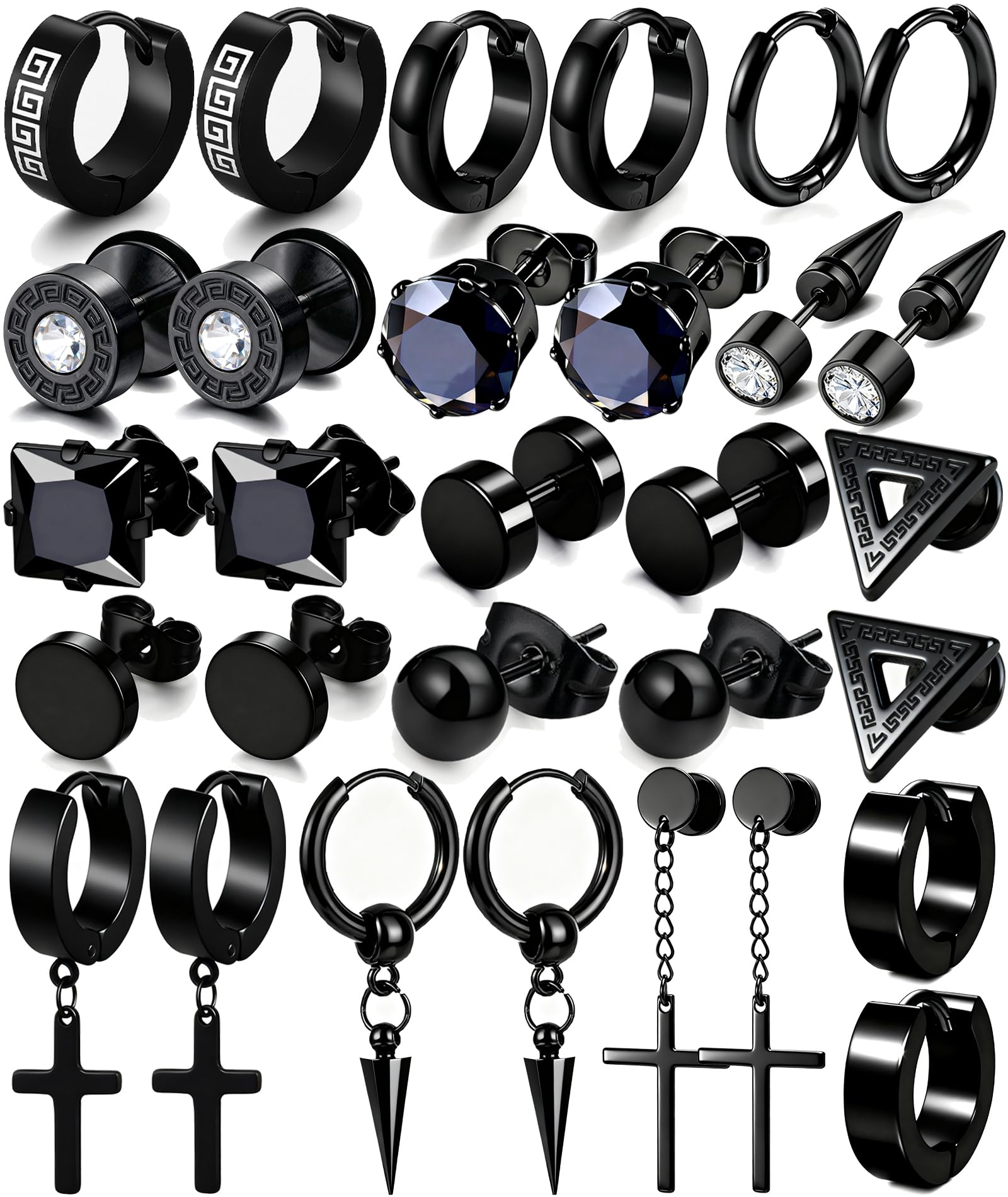 15 Pairs Earrings for Men, Stainless Steel Earrings Stud Kit for Men Women Fashion Piercing Jewelry Cross Dangle Hoop Earrings Set